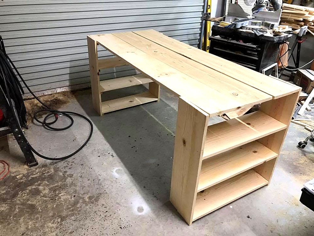 Desk with shelving, in build