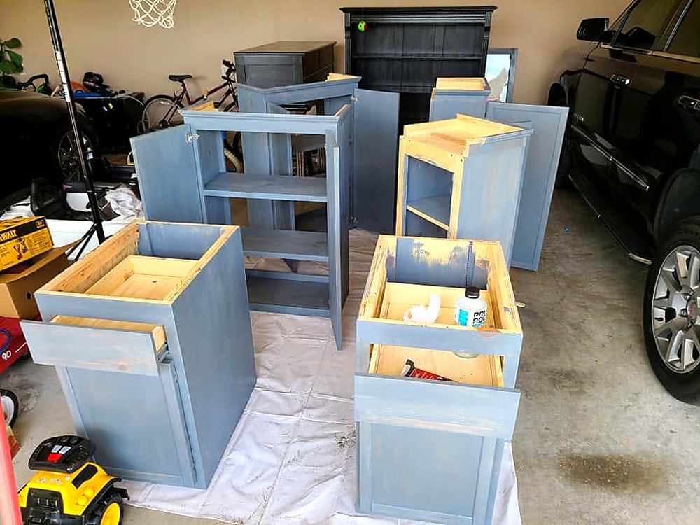 A garage full of cabinets, finishing